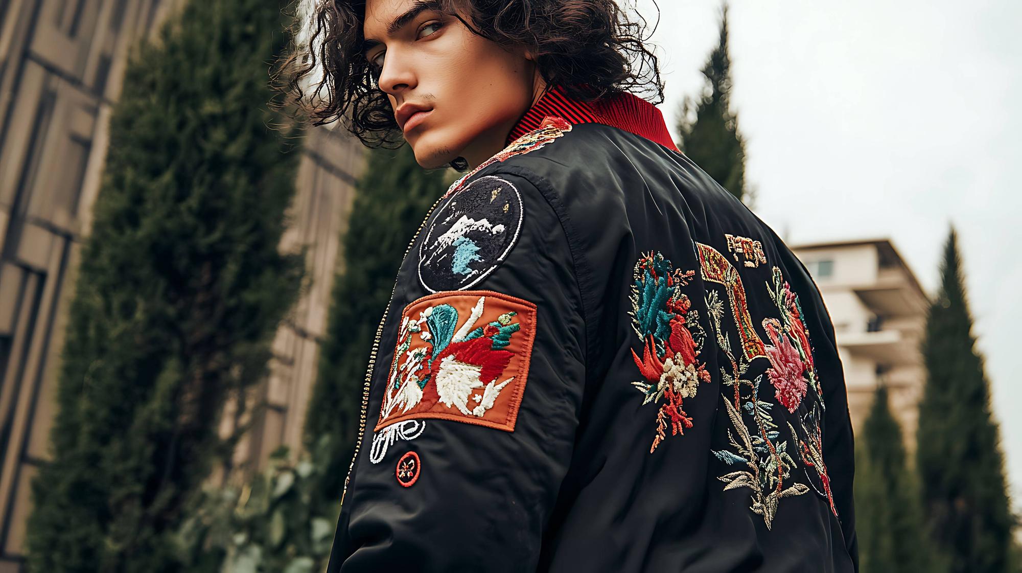 Large editorial shot of embroidered jacket on model